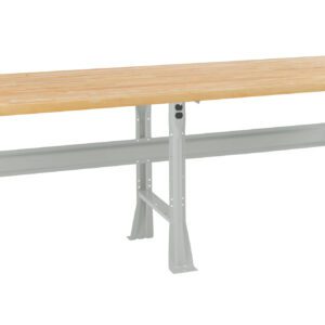 A wooden workbench with a light wood tabletop and sturdy, gray metal legs. The bench has a minimalist design and is isolated on a white background.