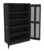 A black metal cabinet with one open door reveals five adjustable shelves inside. The open door features a lattice design, providing ventilation. The cabinet is simple and industrial in style.