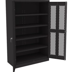 A black metal cabinet with one open door reveals five adjustable shelves inside. The open door features a lattice design, providing ventilation. The cabinet is simple and industrial in style.
