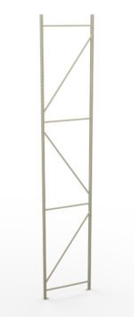 A tall, beige metal frame with diagonal support bars and evenly spaced holes along the vertical beams, set against a white background.