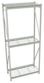 A metal shelving unit with three wire mesh shelves and a sturdy frame, designed for storage. The shelves are evenly spaced, and the structure includes diagonal supports for added stability. The color is light gray.