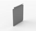 A plain, rectangular metal sheet with small tabs on the top and bottom edges is standing upright against a white background. The sheet has a smooth, gray surface with slightly beveled edges.