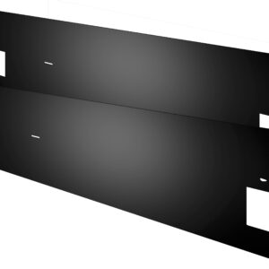 Two black rectangular metal panels, each with small cutouts and notches along the edges, are shown suspended parallel to each other with a white background. They appear to be components, possibly for an electronic device or industrial use.