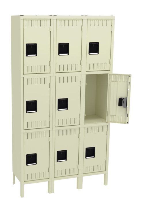 A beige metal locker unit with three rows and three columns of square compartments. One locker door is open, revealing an empty interior. The lockers have black handles and a simple, industrial design.