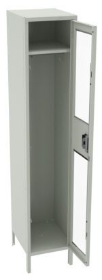 A tall, light gray metal locker with a door partially open. The locker has a top shelf inside and a hook below it. The door features a rectangular window with a lock mechanism on the outside. The locker stands on four short legs.