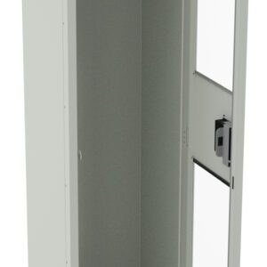 A tall, light gray metal locker with a door partially open. The locker has a top shelf inside and a hook below it. The door features a rectangular window with a lock mechanism on the outside. The locker stands on four short legs.