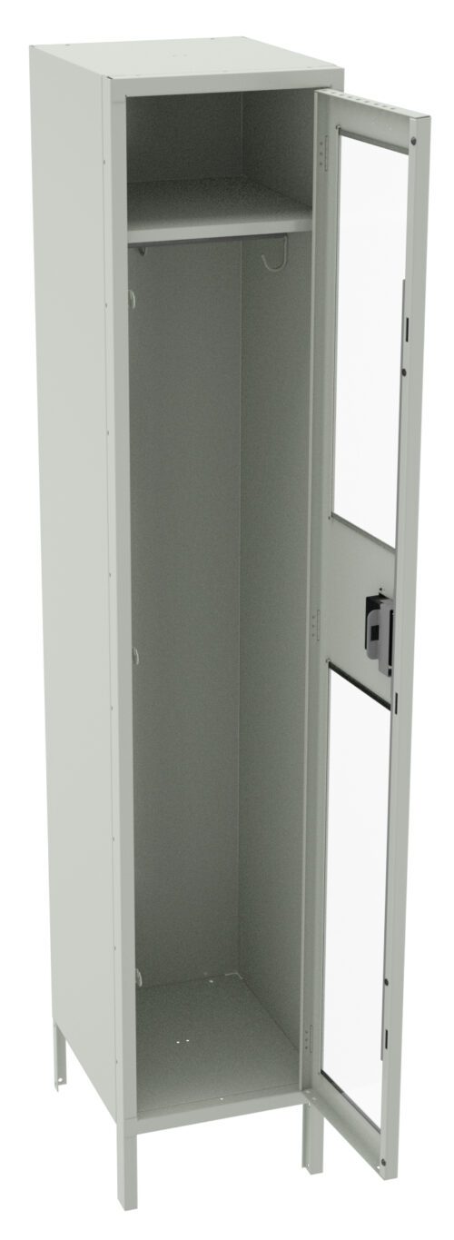 A tall, light gray metal locker with a door partially open. The locker has a top shelf inside and a hook below it. The door features a rectangular window with a lock mechanism on the outside. The locker stands on four short legs.
