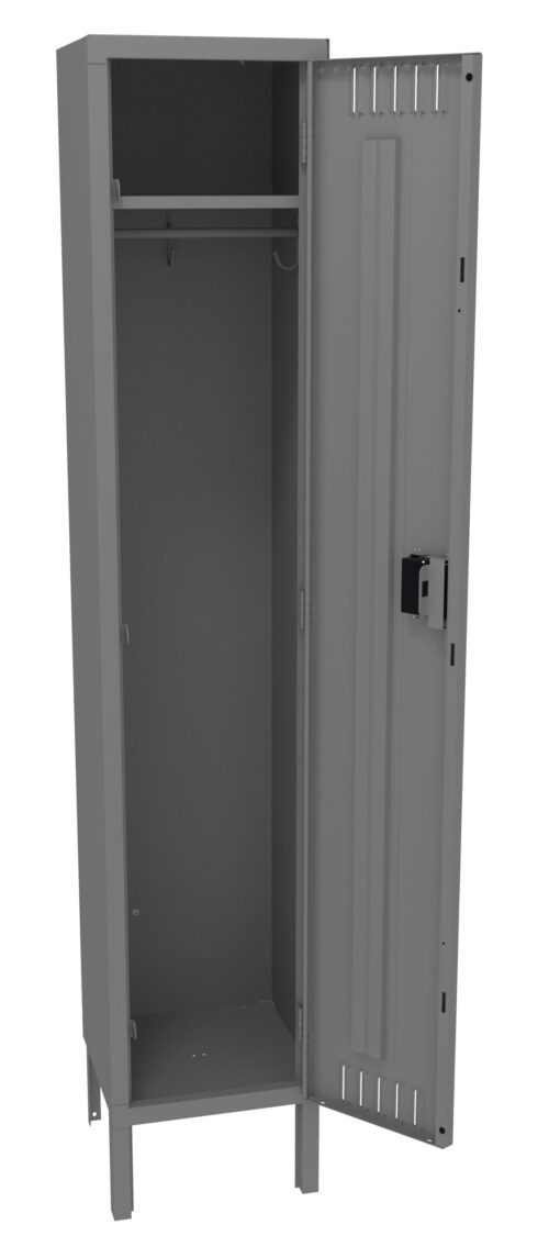 A gray metal locker with an open door, revealing a hook and shelf inside. The locker stands on four legs and features a lock on the door.