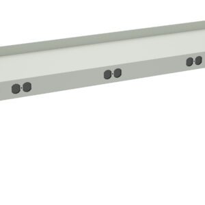 A long, rectangular metal power strip featuring multiple electrical outlets and a switch. It is designed for mounting, with brackets on both ends. The strip is light grey in color.