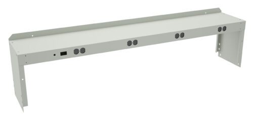 A long, rectangular metal power strip featuring multiple electrical outlets and a switch. It is designed for mounting, with brackets on both ends. The strip is light grey in color.