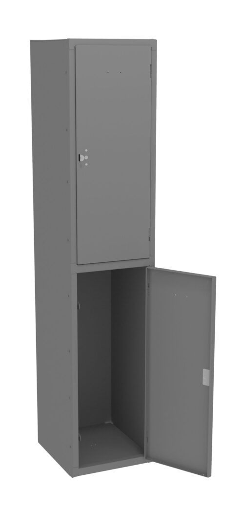 A tall, gray metal locker with two compartments. The top compartments door is closed, while the bottom compartments door is open, revealing the empty interior.