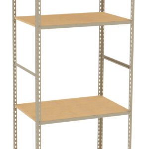A freestanding metal shelving unit with four wooden shelves. The frame is light gray, and the shelves are evenly spaced. The design is simple and industrial, suitable for storage or organization.