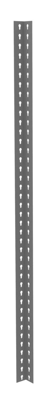 A long, vertical, gray metal angle with evenly spaced holes on both sides. The holes are triangular, arranged in two parallel rows along the length of the angle.