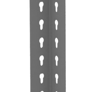 A long, vertical, gray metal angle with evenly spaced holes on both sides. The holes are triangular, arranged in two parallel rows along the length of the angle.
