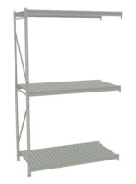 A metal shelving unit with three adjustable horizontal shelves. The structure is made of durable metal, with a minimalist design suitable for storage. The shelves are evenly spaced, providing ample space for organizing items.