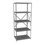 A tall, metal storage shelf unit with five evenly spaced shelves. The frame is supported by crisscrossed metal bars at the back. The shelves and frame are a uniform grey color.