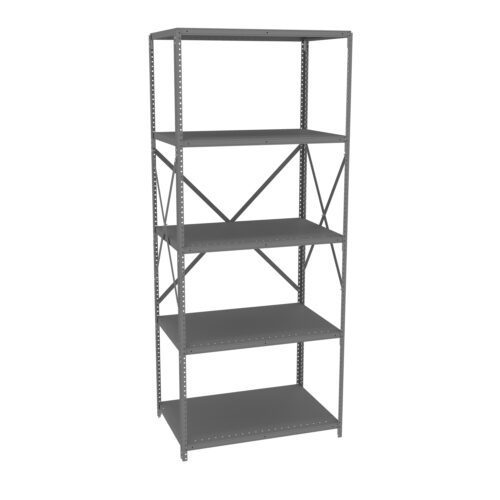A tall, metal storage shelf unit with five evenly spaced shelves. The frame is supported by crisscrossed metal bars at the back. The shelves and frame are a uniform grey color.