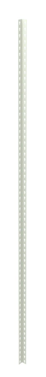 A long, vertical, metallic or plastic strip with rows of small triangular perforations evenly spaced along both sides. The strip is thin and appears to be light-colored, possibly white or silver.