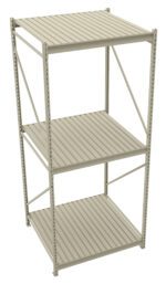 A tall, gray metal shelving unit with three levels and a simple, open design. The shelves are made of slatted metal, providing a sturdy storage solution for various items.