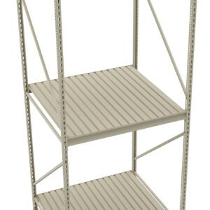 A tall, gray metal shelving unit with three levels and a simple, open design. The shelves are made of slatted metal, providing a sturdy storage solution for various items.