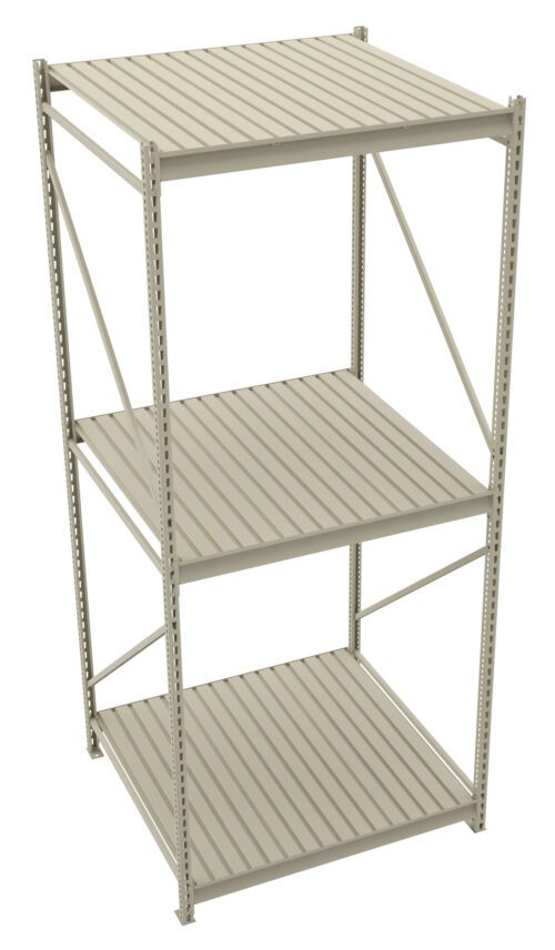 A tall, gray metal shelving unit with three levels and a simple, open design. The shelves are made of slatted metal, providing a sturdy storage solution for various items.