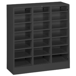 A black, multi-tiered, open-front storage cabinet with four columns, each containing five adjustable shelves, standing on a plain white background.
