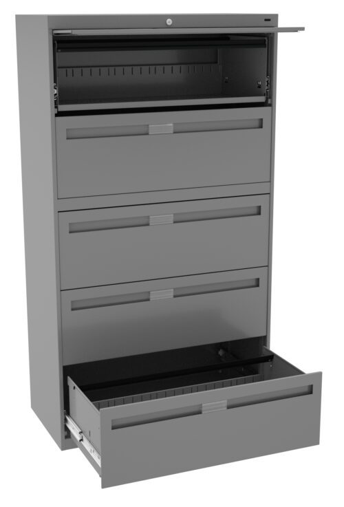 A tall, gray metal filing cabinet with five drawers. The top drawer is open with a visible lock, and the bottom drawer is partially pulled out. The cabinet has a sleek, modern design.