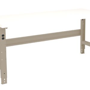 A sturdy, rectangular workbench with a smooth white tabletop and beige metal legs. The design features adjustable height legs with holes for level customization. The workbench has a simple, industrial appearance.