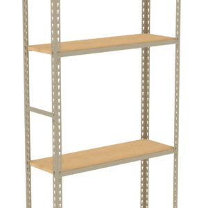 A tall, beige metal shelving unit with four wooden shelves. The frame has perforated sides for adjustable shelving heights. The unit is empty and designed for storage or organizational use.
