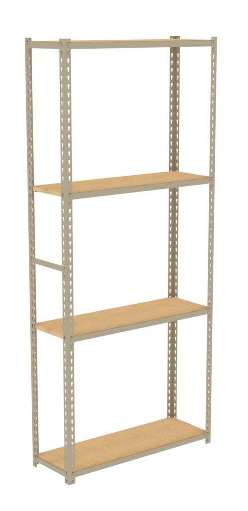 A tall, beige metal shelving unit with four wooden shelves. The frame has perforated sides for adjustable shelving heights. The unit is empty and designed for storage or organizational use.