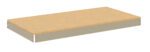 A rectangular wooden pallet with a flat surface and light brown color. The edges are reinforced with gray metallic strips, visible along the sides. The pallet is isolated on a white background.