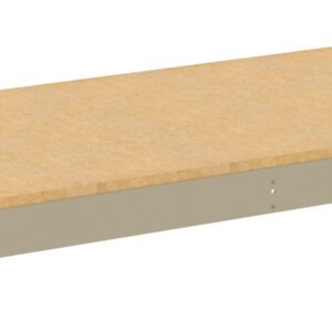 A rectangular wooden pallet with a flat surface and light brown color. The edges are reinforced with gray metallic strips, visible along the sides. The pallet is isolated on a white background.
