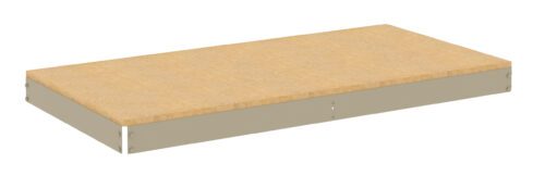 A rectangular wooden pallet with a flat surface and light brown color. The edges are reinforced with gray metallic strips, visible along the sides. The pallet is isolated on a white background.