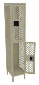 A beige metal locker with two compartments. The upper compartment is closed while the lower one is open, both featuring a diamond-patterned design on the doors. Each door has a black handle. The locker stands on four legs.