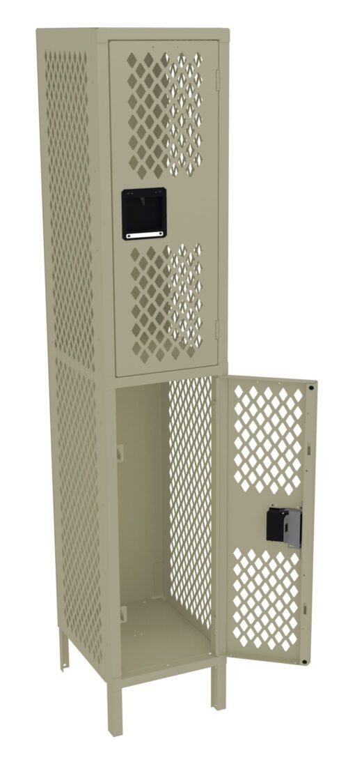 A beige metal locker with two compartments. The upper compartment is closed while the lower one is open, both featuring a diamond-patterned design on the doors. Each door has a black handle. The locker stands on four legs.