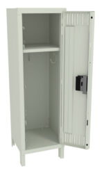 Open metal locker with one shelf and a hook inside. The locker door is slightly ajar, revealing interior storage space. The exterior is a light gray color.