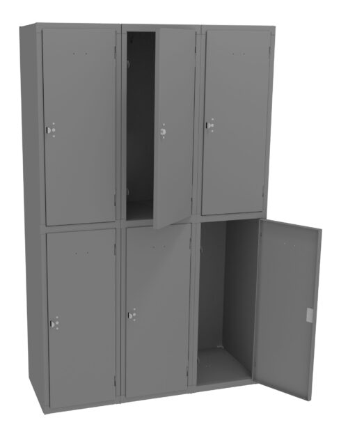 mcbjydiziirgtad73qqm.jpg A set of six gray metal lockers with a grid arrangement. Three lockers are on the top row and three on the bottom. The top middle and bottom right lockers have their doors open, revealing empty interiors.