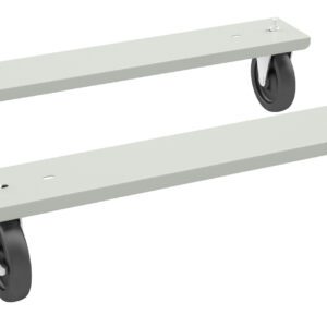 Two metal furniture dolly platforms with black swivel caster wheels. Each dolly has a flat rectangular surface with a light gray finish and two wheels on the underside for easy transportation of heavy items.