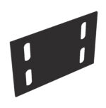 A black, rectangular metal plate with four elongated holes, two on each side, placed at an angle against a plain white background.