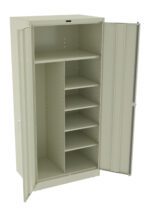 Tall beige storage cabinet with double doors open, revealing multiple adjustable shelves inside. The design is simple and utilitarian, suitable for organizing items in an office or industrial setting.