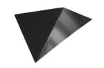 A glossy, triangular sheet of black metal is positioned with one corner lifted, casting a subtle shadow underneath. The metal reflects light, highlighting its sleek, smooth surface.