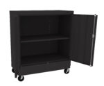 A black metal storage cabinet on wheels with one front door open, revealing two shelves inside.