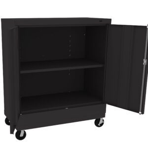 A black metal storage cabinet on wheels with one front door open, revealing two shelves inside.