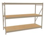 Metal shelving unit with three wooden shelves. The frame is constructed of beige metal beams with perforated edges, providing adjustable height for the shelves. The design is simple and industrial, suitable for storage or organization.