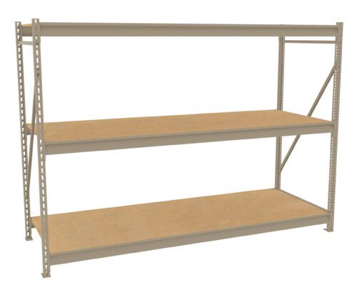 Metal shelving unit with three wooden shelves. The frame is constructed of beige metal beams with perforated edges, providing adjustable height for the shelves. The design is simple and industrial, suitable for storage or organization.