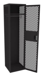 A black metal locker with perforated sides and door, featuring a ventilation pattern. The door is open, revealing an empty interior with a hanging rod at the top. The locker has a lock on the door.