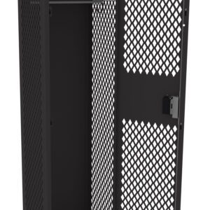 A black metal locker with perforated sides and door, featuring a ventilation pattern. The door is open, revealing an empty interior with a hanging rod at the top. The locker has a lock on the door.