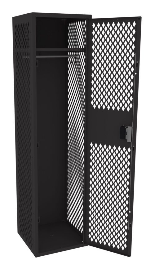 md7bxr7y24xcrzgh8maw.jpg A black metal locker with perforated sides and door, featuring a ventilation pattern. The door is open, revealing an empty interior with a hanging rod at the top. The locker has a lock on the door.