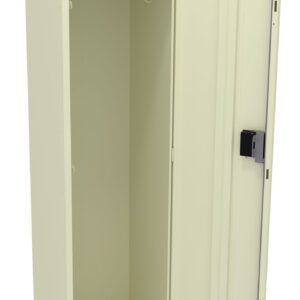 Open beige metal locker with one door ajar, revealing an empty interior with a single rod for hanging items. The locker is plain and unadorned, standing against a white background.