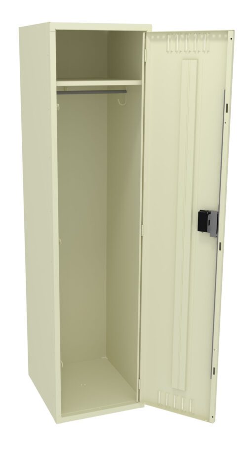 Open beige metal locker with one door ajar, revealing an empty interior with a single rod for hanging items. The locker is plain and unadorned, standing against a white background.